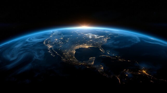 An aerial view of Earth from space showing North America and the sun rising over the horizon with visible city lights emphasizing the beauty of our planet in the vast universe