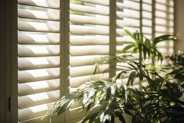 A window with closed blinds and a potted plant on the windowsill.