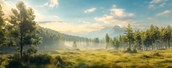 Obraz premium Peaceful morning in a misty mountain forest with sunlight filtering through the trees and a serene atmosphere