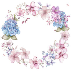 Watercolor painting of a flowery design with blue and pink flowers. Isolated on transparent background.