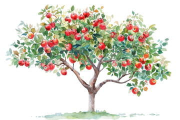 Obraz premium Watercolor painting of A tree with many apples on it. Isolated on transparent background.