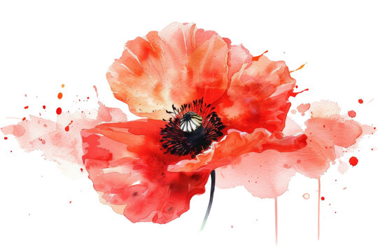 Watercolor painting of A red poppy flower with water splatters on it. Isolated on transparent background.