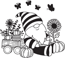 Cute gnome cartoon reading a book with sunflowers outline hand drawn style, for printing,card, t shirt,banner,product.vector illustration