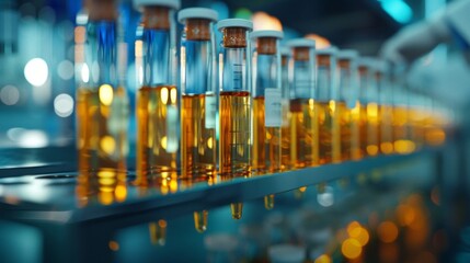 a row of medical test tubes in a modern laboratory, a doctors hand reaches for one of them, high-resolution, 4K quality, shallow depth of field, AI Generative