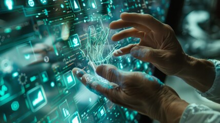 A person is holding a tablet with a green screen displaying a lot of information