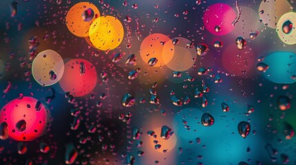 Rain falls on a window with colorful city lights reflecting in the droplets