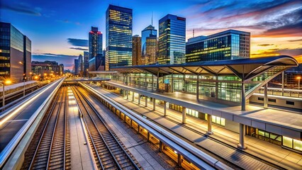 Obraz premium Modern urban train station with sleek architecture, clean platforms, and vibrant city lights, showcasing a bustling metropolitan atmosphere at twilight hours.