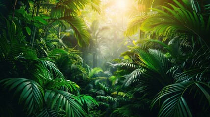 Lush Tropical Rainforest with Sunlight Streaming Through Canopies.