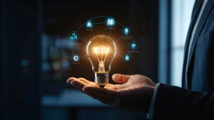 Businessman hand holding creative light bulb with industry network, analysis solution and development marketing network icons
