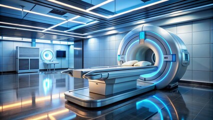 Futuristic high-tech advanced medical diagnostic imaging machine with sleek metal and glass design in a hospital laboratory setting.