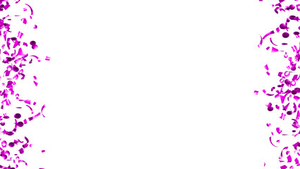 Falling Purple Confetti on White Background. Flying holiday tinsel. 