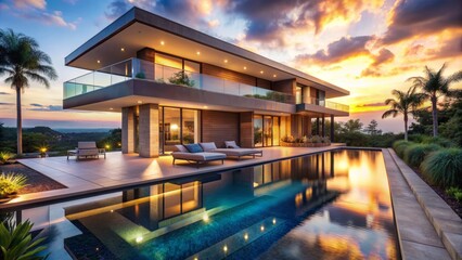 Fototapeta premium Breathtaking modern luxury villa with infinity pool and sleek architecture basks in warm golden light of a serene evening ambiance.