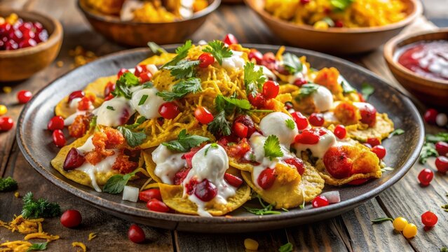 Vibrant yellow, orange, and red hues of crispy fried dough, tangy chutneys, and creamy yogurt adorn a colorful plate of Papri Chaat.