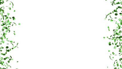 Falling Green Confetti on White Background. Flying holiday tinsel. 