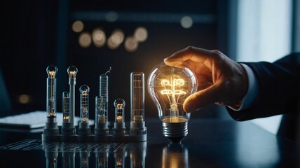 Businessman hand holding creative light bulb with industry network, analysis solution and development marketing network icons
