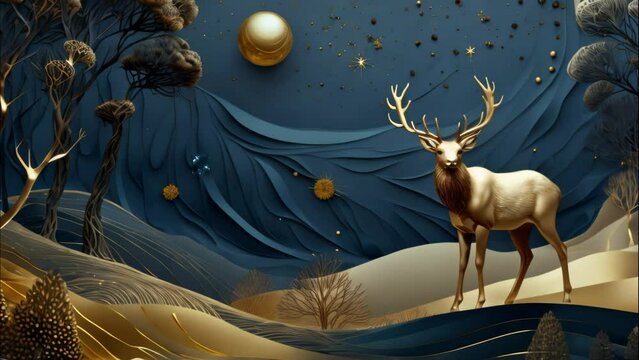 A deer is standing in a field with a blue sky in the background. The deer is surrounded by a lot of trees and the sky is filled with stars