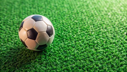 Fototapeta premium Isolated toy football placed diagonally on artificial green grass background, leaving ample space for text, using rule of thirds composition.