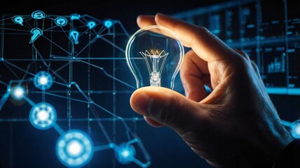 Businessman hand holding creative light bulb with industry network, analysis solution and development marketing network icons
