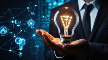 Businessman hand holding creative light bulb with industry network, analysis solution and development marketing network icons
