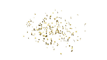 Golden tinsel Confetti explodes on a white background