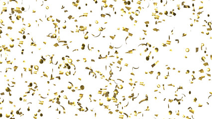 Falling shiny golden Confetti on White Background. Flying holiday tinsel. 