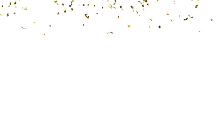 Falling shiny golden Confetti on White Background. Flying holiday tinsel. 