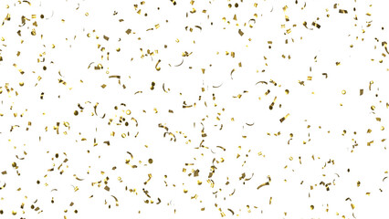 Falling shiny golden Confetti on White Background. Flying holiday tinsel. 