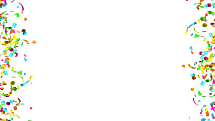 Falling multi-colored confetti on White Background. Flying holiday tinsel. 