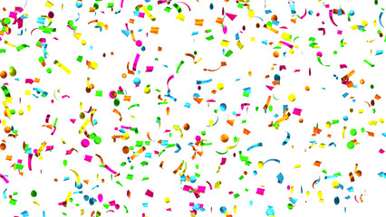 Falling multi-colored confetti on White Background. Flying holiday tinsel. 