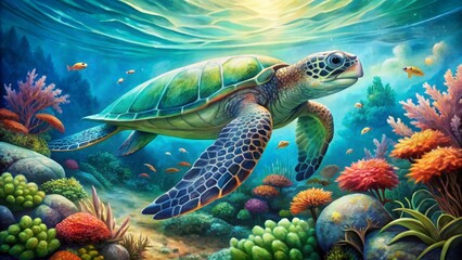Obraz premium Vibrant watercolor illustration of a serene green sea turtle swimming in turquoise ocean surrounded by coral reef and seaweed.