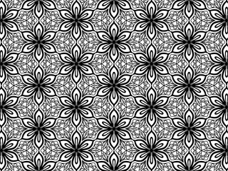 Pattern Floral and Geometric Elements. Seamless Floral Ethnic Pattern. Arabic Indian Motifs Abstract Floral Ornament Thin Line. Vector Wallpaper Background Fabric Paper Black and White Graphic Design
