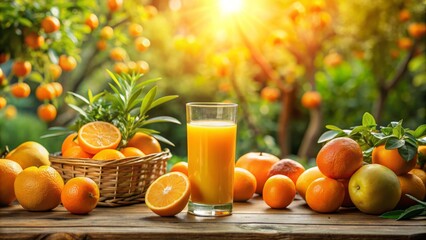 Vibrant oranges surround a glass overflowing with freshly squeezed juice, set against a lush, sun-kissed garden backdrop, showcasing dynamic still life.