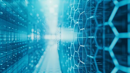 High-tech futuristic digital data network background with hexagonal patterns in blue tones, representing modern technology and connectivity.