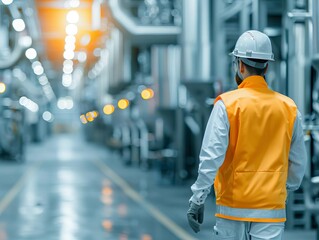 Industrial worker in safety vest and helmet inspecting machinery in a modern factory setting, highlighting workplace safety and engineering.