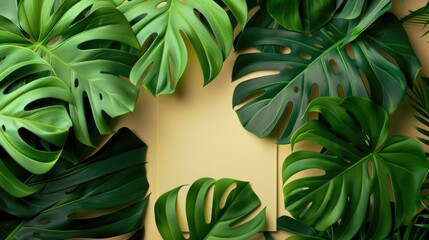 Fototapeta premium Green monstera plant with paper label for eco friendly concept