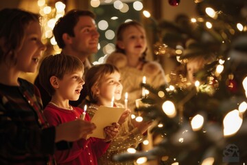 Stock photo of a family singing carols around the Christmas tree