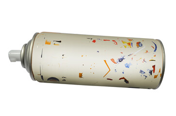 a tube of light cream colored spray paint with faded colorful decoration isolated 