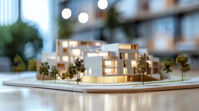 Architectural model of a new housing estate displayed in a real estate office