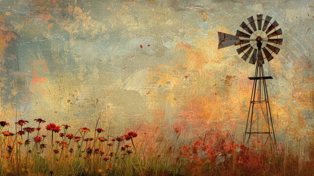 Rustic Windmill Silhouette Against a Grunge Background.