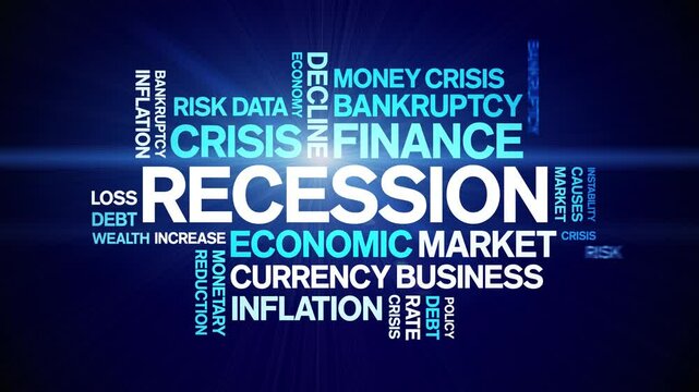 Recession animated word cloud;text design animation tag kinetic typography seamless loop.