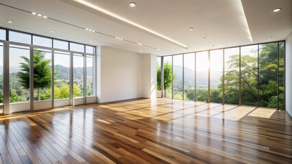 Stunning minimalist modern interior design concept featuring clean empty white walls and sleek wooden floors with ample natural light.