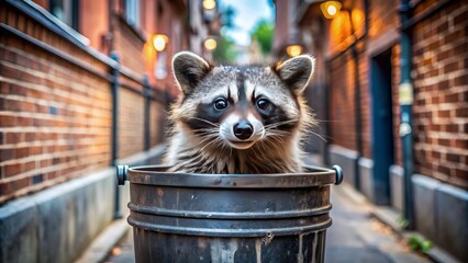 A mischievous raccoon pokes its masked face out of a trash can overflowing with garbage in a city alleyway setting.