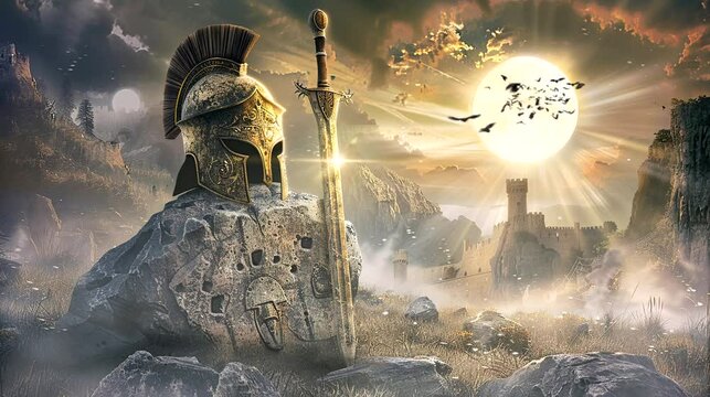 Warrior helmet and sword on stone on castle background. Seamless looping time-lapse 4k video animation background