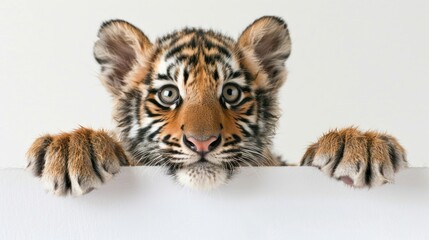 Obraz premium Curious Tiger Cub Peeking Over White Surface