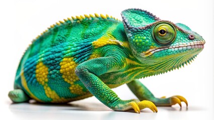 Obraz premium Vibrant green chameleon cutout with turquoise and yellow accents stands on a white background with subtle gradient effect.