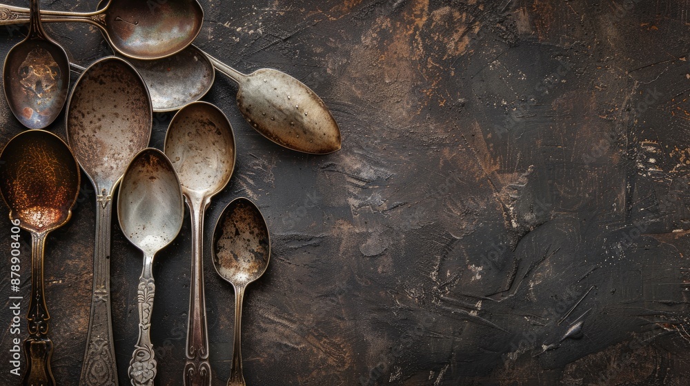 Poster top view of old metal spoons on dark background with space for text