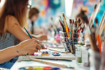 Multicultural group of artists working on a collaborative painting project in a creative studio setting with a female painter leading the way