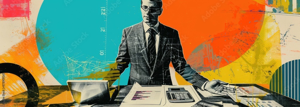 Poster the image shows a man in a suit standing in front of a table with a blueprint on it. he is looking a