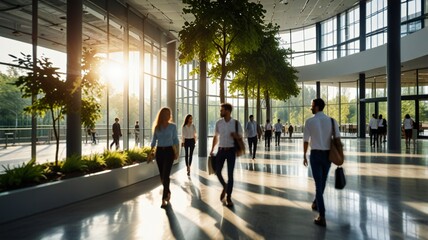 Blurred background of people walking in a modern office building with green trees and sunlight , eco friendly and ecological responsible business concept