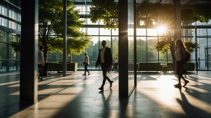 Blurred background of people walking in a modern office building with green trees and sunlight , eco friendly and ecological responsible business concept